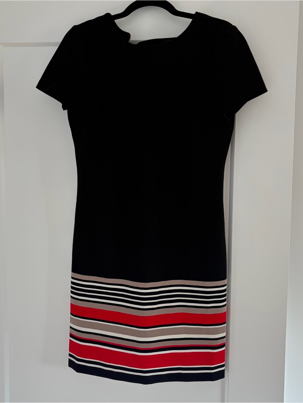 Calvin Klein Black Short-Sleeve Sheath Dress with Red & Neutral Stripes